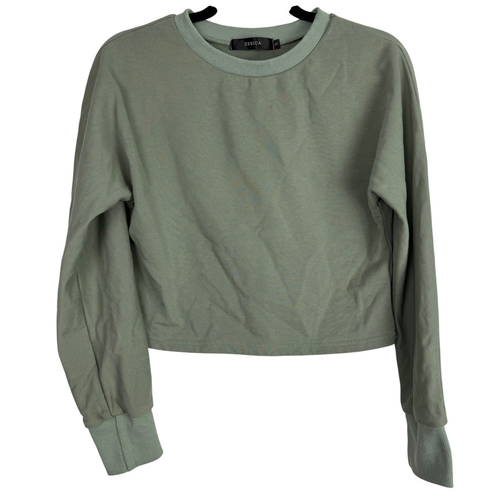 ZESICA Sage Green Cropped Sweatshirt Crew Neck Pullover Soft Girl Lounge Small